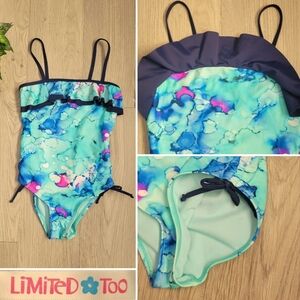 Limited Too Girl's One-piece Ruffled  Swimsuit Blue & Pink Watercolor, Girls 7/8